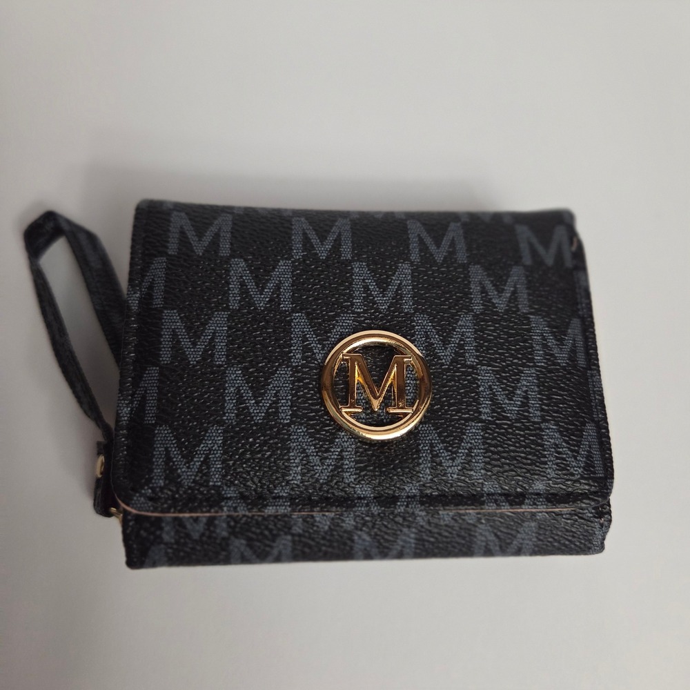 Black Monogram Bifold Wristlet Wallet Gold M Logo Medallion Pink Interior